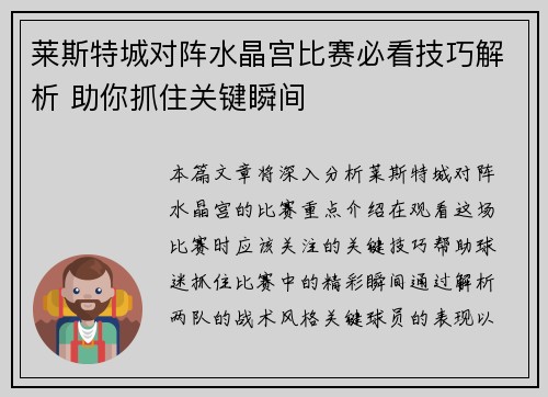 莱斯特城对阵水晶宫比赛必看技巧解析 助你抓住关键瞬间